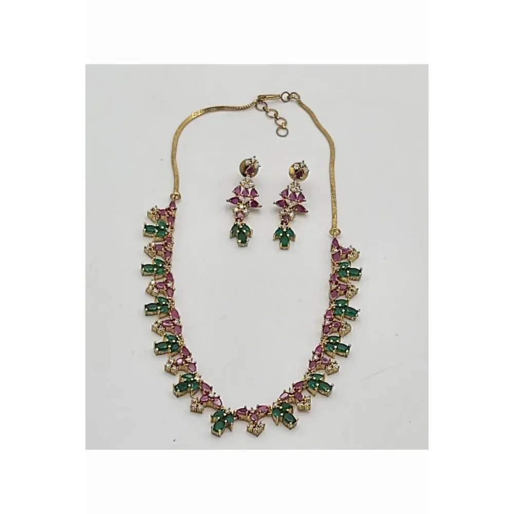Vintage Artisan Emerald Ruby & CZ Cascade Gold Necklace & Earrings 16.5
